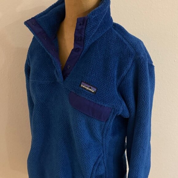 Patagonia sz M Royal Blue Fleece Pullover kangaroo pocket, snaps great condition - Picture 2 of 7